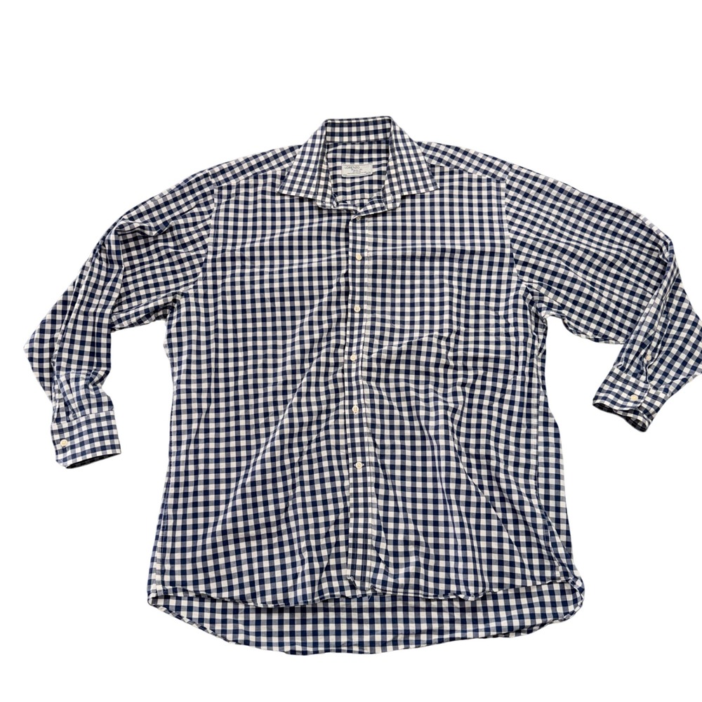 Lorenzo Uomo Mens Regular Fit Gingham Button Down Shirt Navy Blue White 17.5 34/